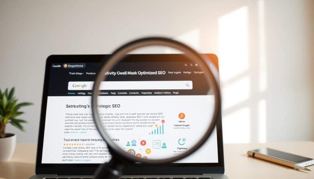 A meticulously optimized webpage, its clean design and intuitive layout showcasing the power of strategic SEO. A warm, natural lighting illuminates the screen, revealing a harmonious balance of text, graphics, and carefully structured content. In the foreground, a magnifying glass symbolizes the analytical process of refining online visibility, while the middle ground features vibrant icons representing search engine algorithms and user engagement. The background depicts a serene, minimalist workspace, hinting at the thoughtful, iterative approach to crafting an impactful digital presence.